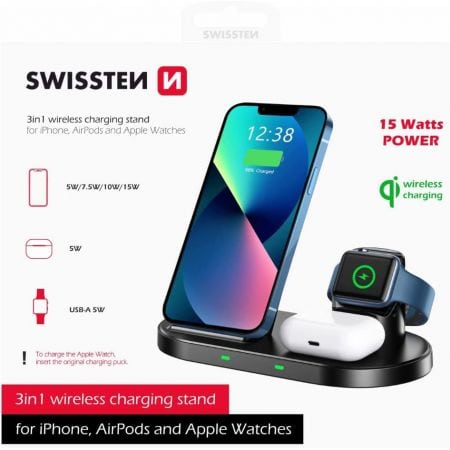 Swissten wireless charger 3in1 Stand Noir